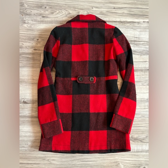 Billabong Red and Black Plaid Pea Coat Light Long Jacket - Picture 3 of 5